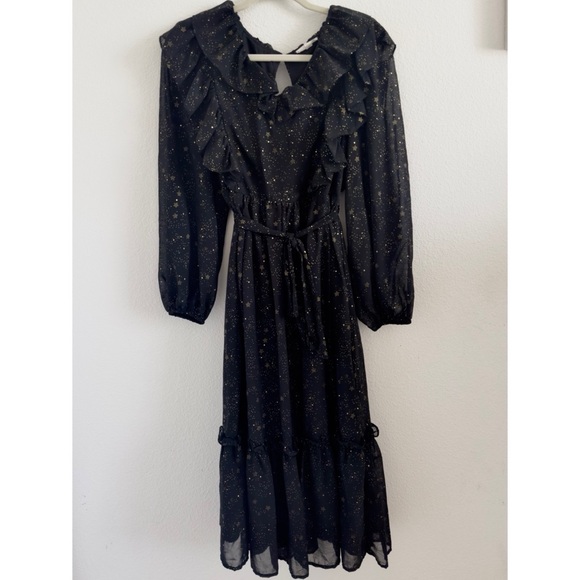 NWOT By The River Star Print Shirred Chiffon Ruffle Midi Long Sleeve Dress Black - Picture 10 of 11